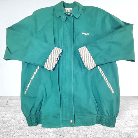 Vintage 80s 90s Teal Cyclone Stripe Lined Size M Collared Coat Pockets